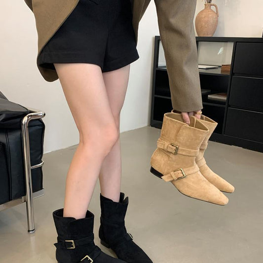 2025  popular new autumn Korean version suede belt buckle short boots thick heel mid heel boots brown western cowboy boots
