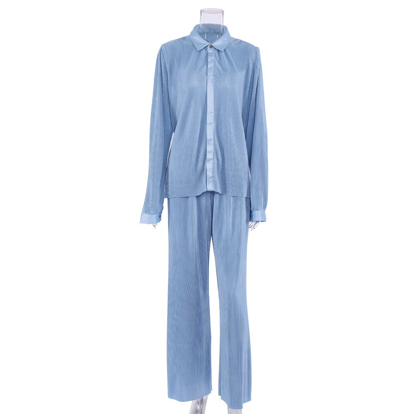 2025 popular autumn and winter new long-sleeved lapel pleated shirt women's wide-leg mopping floor drape pleated trousers set solid color