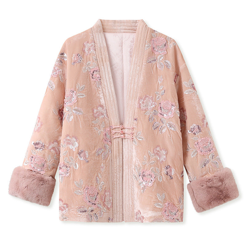 new autumn and winter new Chinese style embroidery printing noble temperament loose cotton jacket women MX079