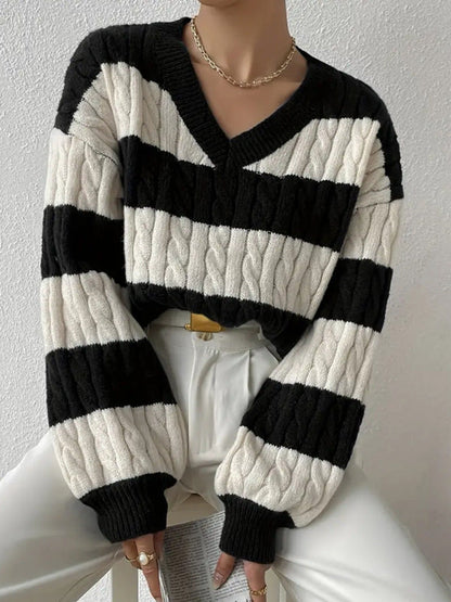 qgtao men fall outfits casual Autumn and Winter Lazy Style New Knitwear Loose Fashion Women's V-neck Retro Contrast Color Striped Sweater