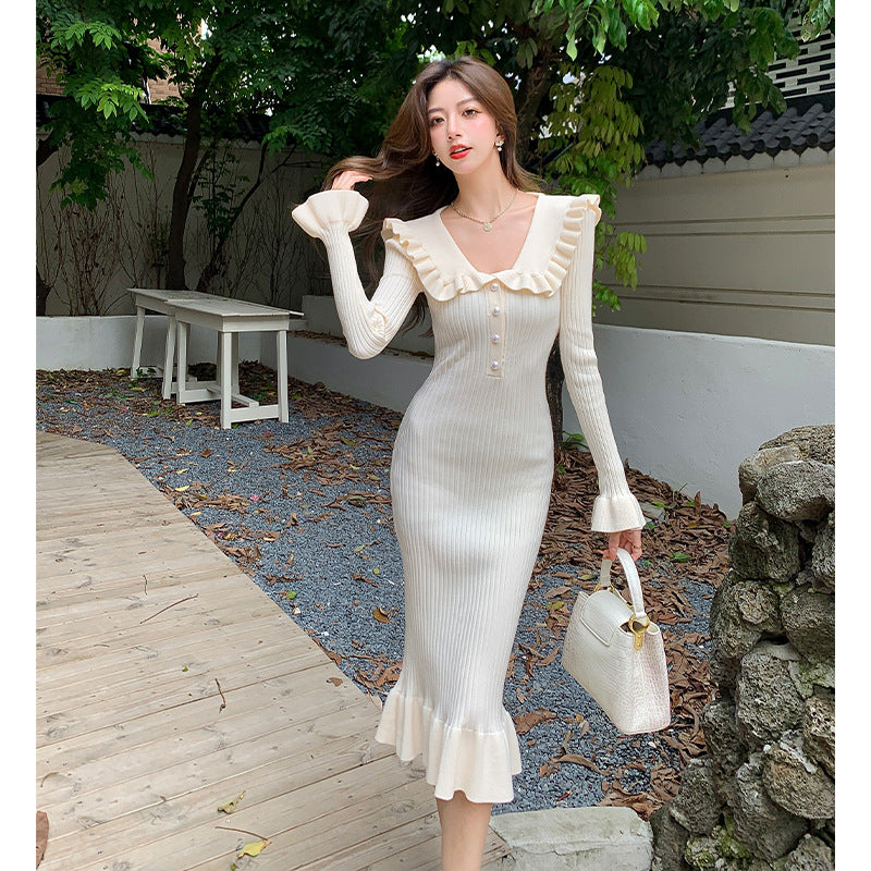 ruffle edge long-sleeved knitted dress women's small fragrance retro temperament lady hip-wrapped fishtail sweater skirt