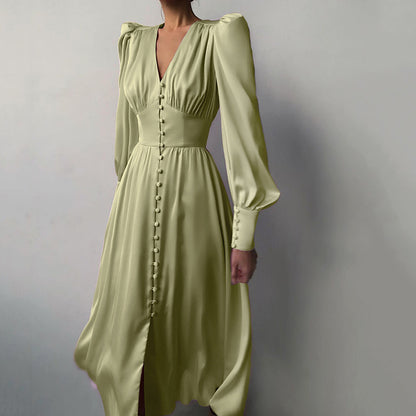 2025 spring new satin dress women's design lantern sleeves waist thin  temperament slim dress