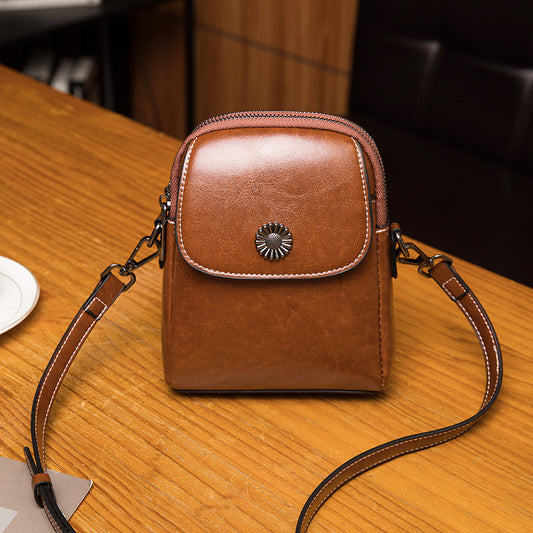 2025 Oil wax leather mobile phone bag soft leather oblique span vertical shoulder bag trendy simple new summer small bag versatile women's bag