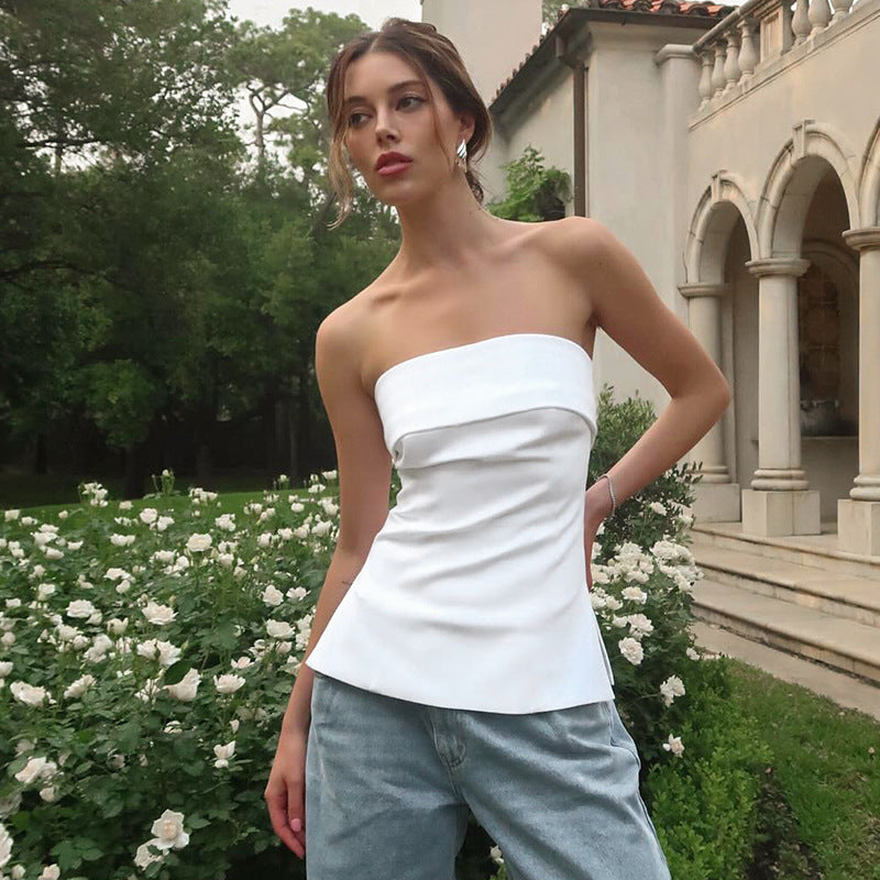 qgtao going out outfits  Women's Summer New Solid Color Sleeveless Backless Wide Lapel Slit Tube Top Sexy Top for Women