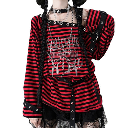 qgtao y2k Rabbit Assassin Virtual Butterfly Asian Culture Hot Girl Punk Loose off-Shoulder Embroidered Black and Red Striped Early Autumn Long-Sleeved Top