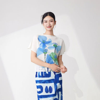Women's summer clothes design sense niche T-shirt unique chic printing versatile pleated loose short-sleeved top tide