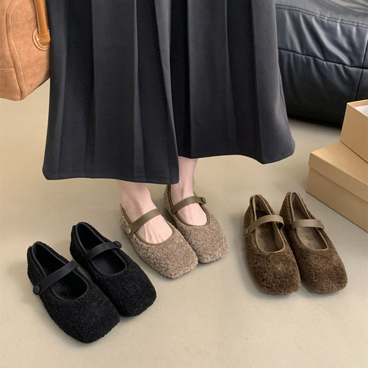 2025  retro square head velvet Mary Jane shoes for women popular new Korean version fairy style flat bottom fluffy shoes for women outside