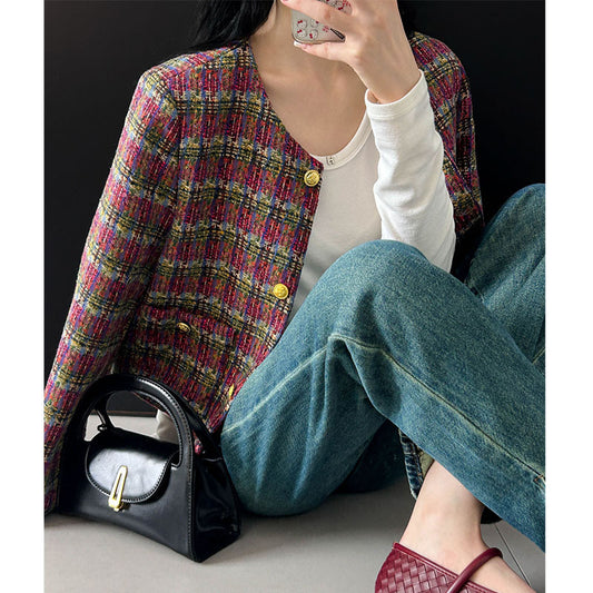 2025 , artistic atmosphere popular autumn Korean temperament high-grade plaid woven wind small fragrant short jacket 908