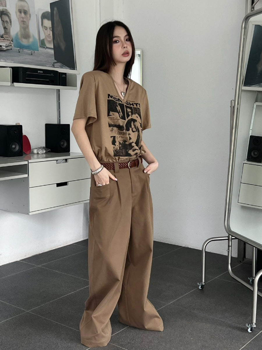 qgtao suede jacket outfit   Fish Fashionable Retro High Street Suit Pants Loose Wide Leg Lazy Solid Color Straight Casual Pants