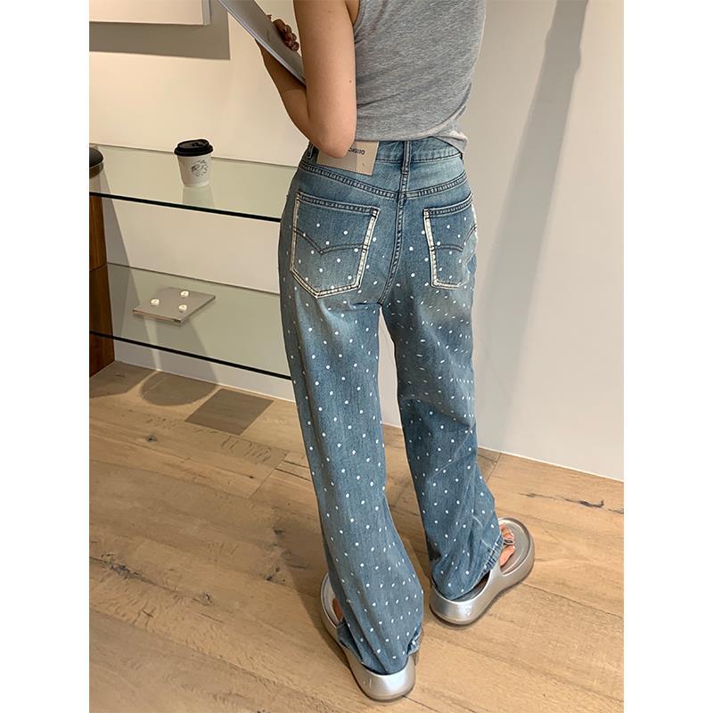 qgtao dti outfits Retro Small Polka Dot Straight Jeans Women's Thin Summer New Loose Trousers Blue Wide Leg Pants