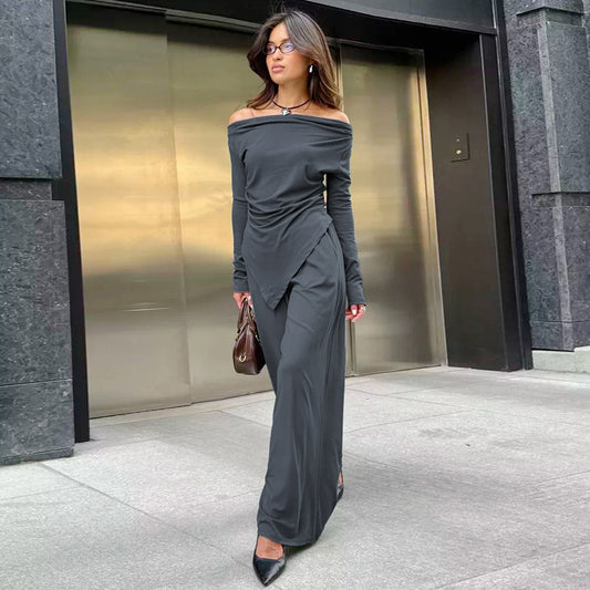 2025 Autumn and winter high-end gray knitted fashion temperament one-word collar long-sleeved high-waisted wide-legged pants commuter casual suit