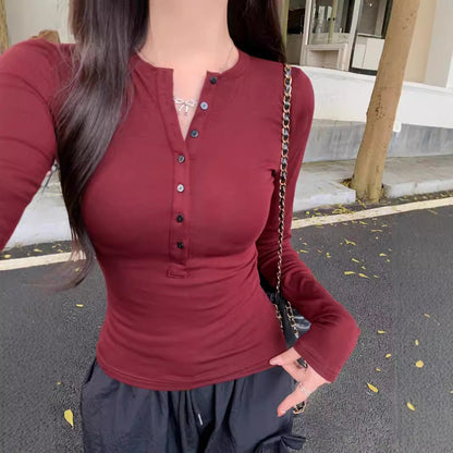 qgtao 2000s fashion Autumn and Winter New American Fashion Retro Niche V-neck Long Sleeve Inner and Outer Wear Bottoming Shirt Slim Slimming Top for Women