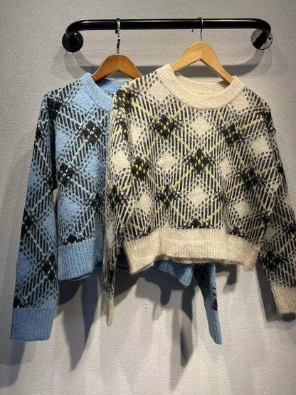 2025 GA Nordic women's clothing manufacturer autumn and winter women's sweater plaid profile round neck wool blended knitted pullover sweater women