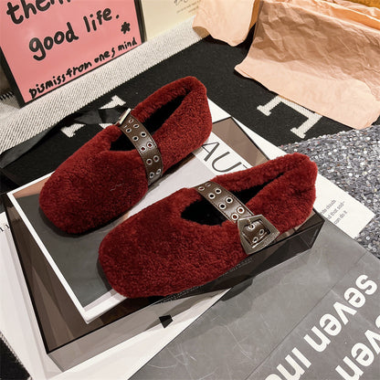 2025  Korean version of one-word Mary Jane autumn and winter new Doudou women's shoes plush flat-soled fluffy shoes single shoes cotton ladyshoes