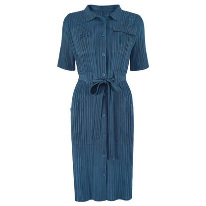 Large size dress 2025 spring new clothing slim high waist solid color pleated lapel medium and long wholesale women's clothing