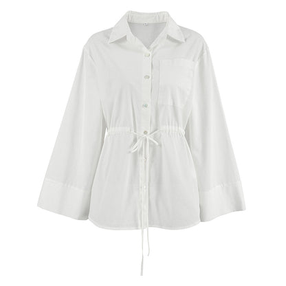 2025 Popularan, n spring and summer fashion simple design sense white cotton and linen loose lapel tie niche versatile women's shirt