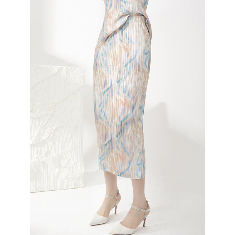 Side split pleated skirt women's summer new high waist drape versatile straight long hip skirt slim fit