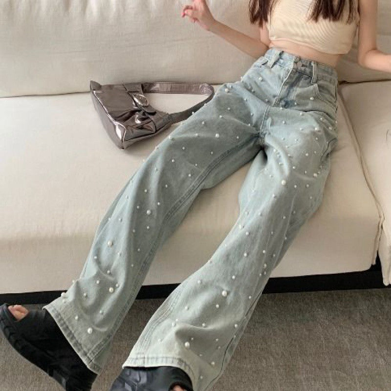 qgtao dti outfits Straight Denim Wide-Leg Pants Beaded High Waist Slimming Trousers Women's Niche Design Spring Mop Pants Fashion