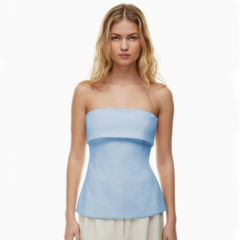 qgtao going out outfits  Women's Summer New Solid Color Sleeveless Backless Wide Lapel Slit Tube Top Sexy Top for Women