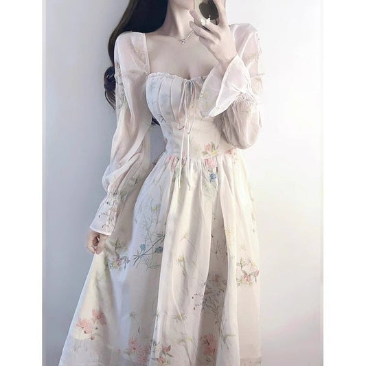 qgtao cybergoth dress to impress Spring Women's 2024 New Floral Chiffon Tea Break Sweet Gentle Style Long Sleeve French Princess on the Run Dress