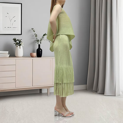 Hot-selling women's clothing with a complete set of temperament irregular sleeveless T-shirt fringed hip skirt two-piece set