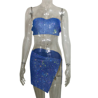 qgtao dti outfits Fashion Nightclub Women's Personalized Rhinestone Metal Tube Top Skirt Suit Hot Girl Flash Diamond Top