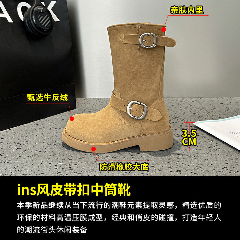 2025 [Su Yinyin] Pile boots~ Wasteland sand dunes super soft waxy thick-soled locomotive buckle belt short boots women's Martin boots