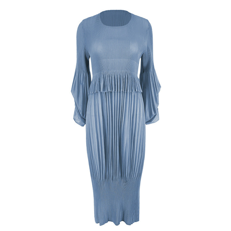2025 spring simple design girly feeling fresh and sweet pleated bubble sleeves lantern dress dress dress medium and long dress women