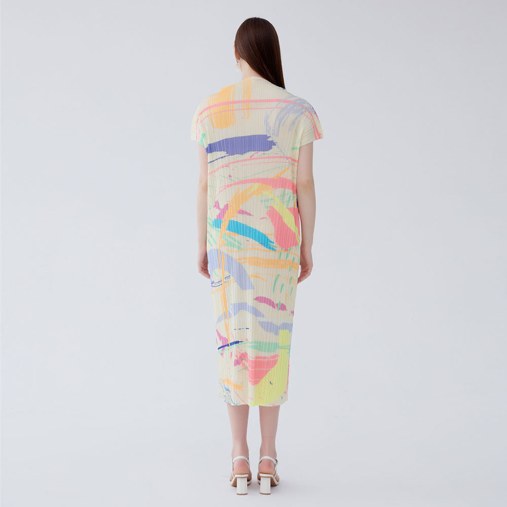 Miyake summer new semi-turtleneck temperament versatile pleated slim short-sleeved medium and long skirt printed dress women