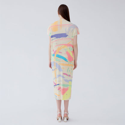 Miyake summer new semi-turtleneck temperament versatile pleated slim short-sleeved medium and long skirt printed dress women