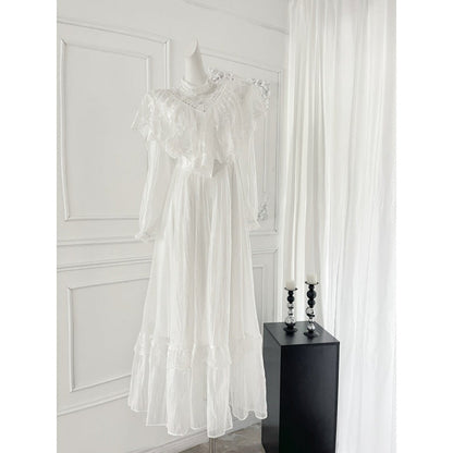 qgtao alien invasion dress to impress Heavy Industry White Fairy Elegant Lace Stitching Large Swing Dress Long Sleeve Vintage Bridesmaid Dress Long Skirt