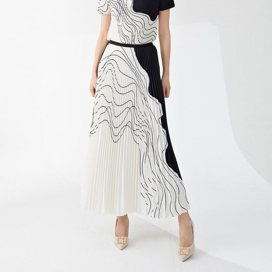 skirt a word female drape high sense elastic waist wavy pattern loose fashion temperament versatile pleated skirt