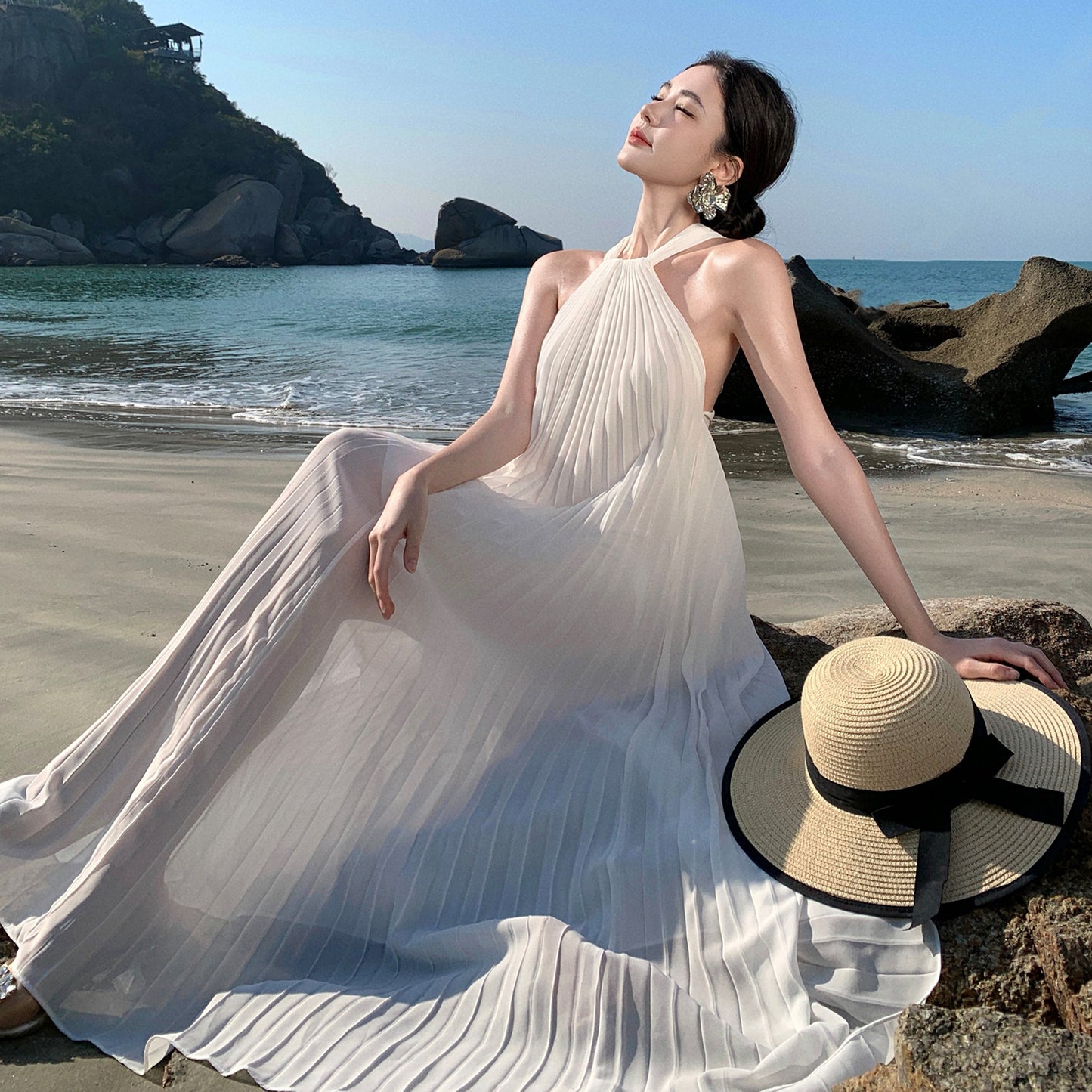 2025 holiday style elegant white pleated A word sleeveless neck dress women's summer seaside photo long skirt