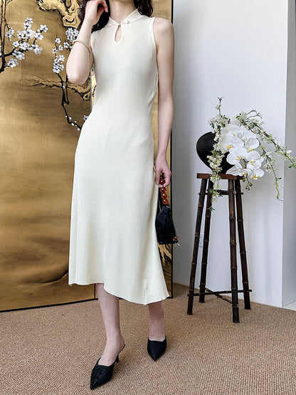 2025 popular spring and summer new Chinese retro buckle knitted dress female slim and thin long dress 511-1