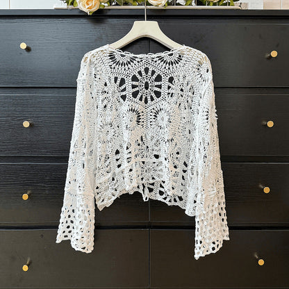 qgtao outfit inspo Bohemian Ethnic Style Hollow-out Crocheted Thin Long-Sleeved Knitted Cardigan Women's Summer Lace-up Top