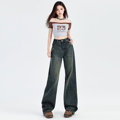 2025 Cement gray jeans women's autumn popular new high waist thin ripped straight narrow version mopping small pants