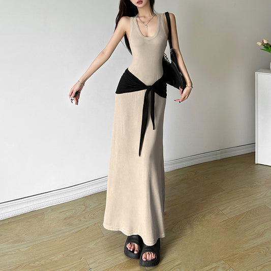 2025 style popular summer new women's clothing high-end temperament loose hip-wrapped solid color waist-sealed dress