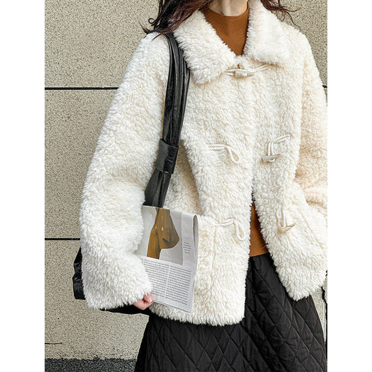 2025 popular winter new jacket super warm lapel croissant buckle loose thickened premium lamb clothing 9775