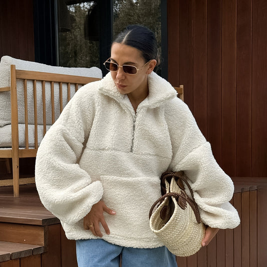 2025 Autumn and winter personalized fashion beige knitted casual lamb wool small stand-up collar lantern sleeve New plush loose sweater women