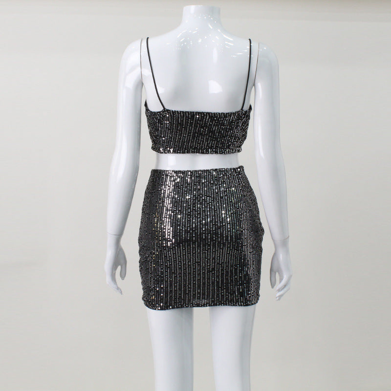 qgtao dti outfits Women's Super Shiny Sequined Tube Top Strap Hot Girl Suit Skirt Navel Sexy Two-Piece Suit