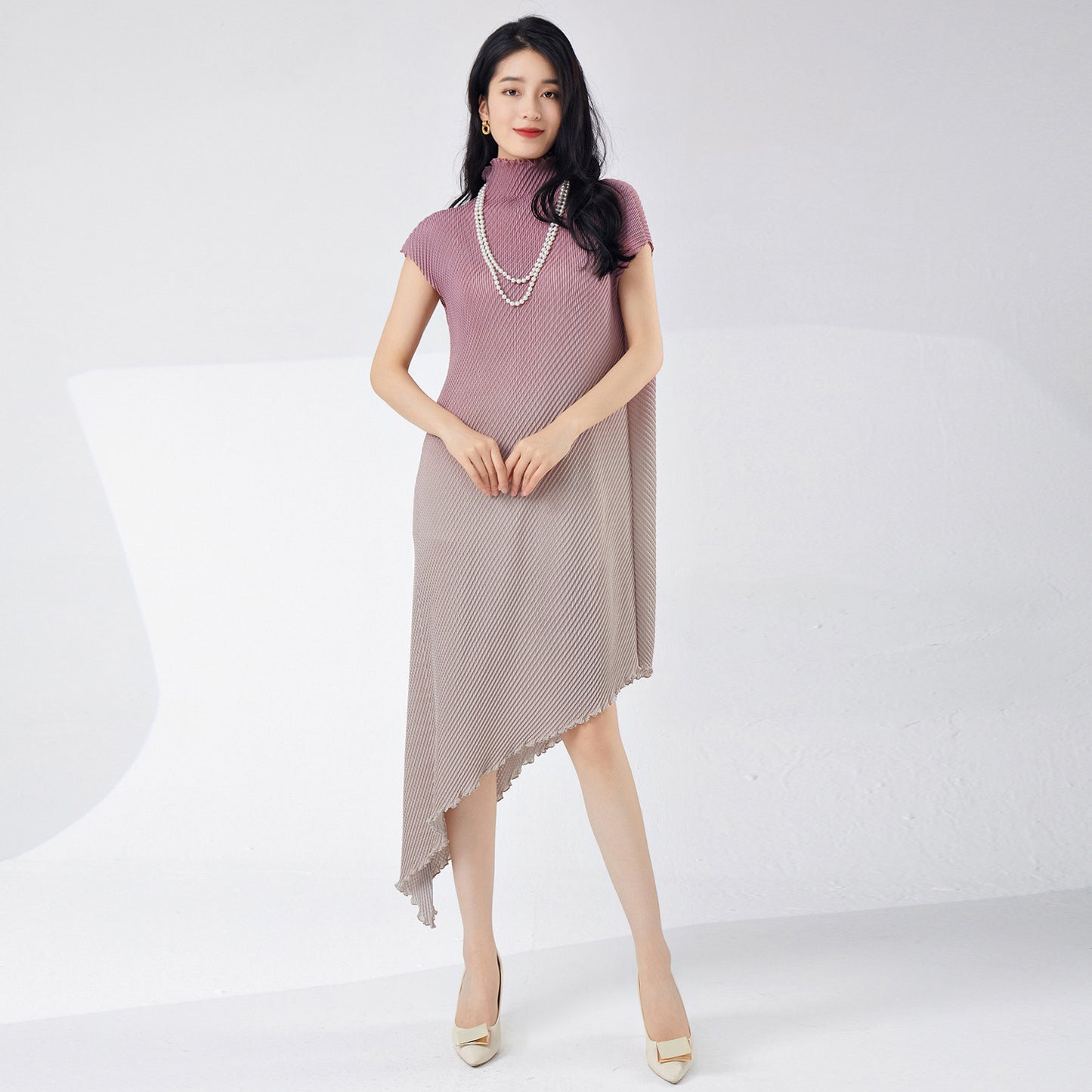 Fashion gradual change dress women's new fish scale pleats temperament elegant irregular versatile medium and long skirt Popular style