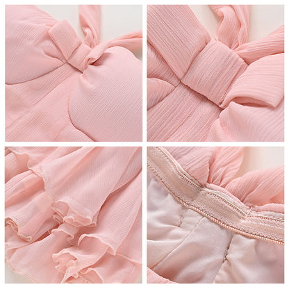Pink neck-hanging ruffle leaf edge short skirt women's summer new sweet temperament waist thin dress L4095