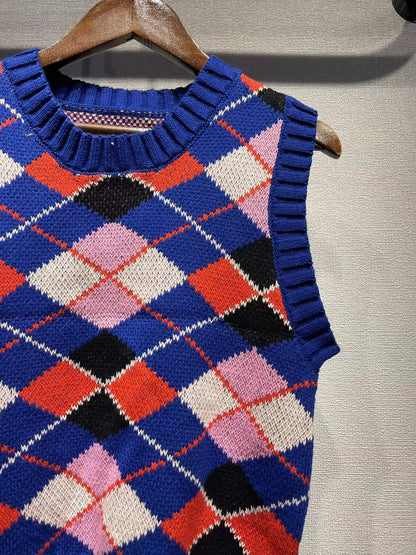 2025 Sapphire blue rhombus letter embroidery crew neck knitted vest vest vest women's college style vest sweater women's Korean version