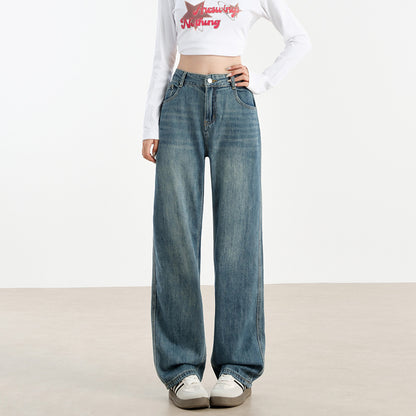 2025 7010 wide-leg jeans women's autumn new narrow version high-waisted drape versatile floor pants slim straight trousers