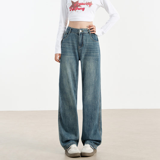 2025 7010 wide-leg jeans women's autumn new narrow version high-waisted drape versatile floor pants slim straight trousers