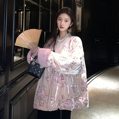 new autumn and winter new Chinese style embroidery printing noble temperament loose cotton jacket women MX079