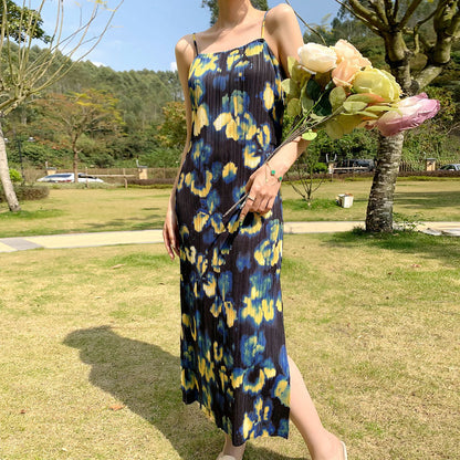 Internet celebrity hot sale suspender skirt women's summer cool breathable printing temperament elegant split fork holiday style dress