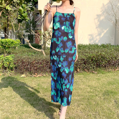 Internet celebrity hot sale suspender skirt women's summer cool breathable printing temperament elegant split fork holiday style dress