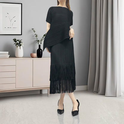 hot-selling suit women's high-end popular black slim short-sleeved T-shirt fringed hip skirt