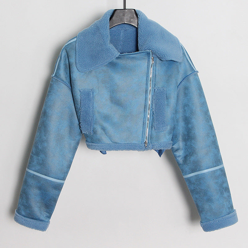 qgtao dti outfits Fashionable Short Woolen Coat 2024 Spring New Lapel Long Sleeve Zipper Women's Warm Lamb Wool Top